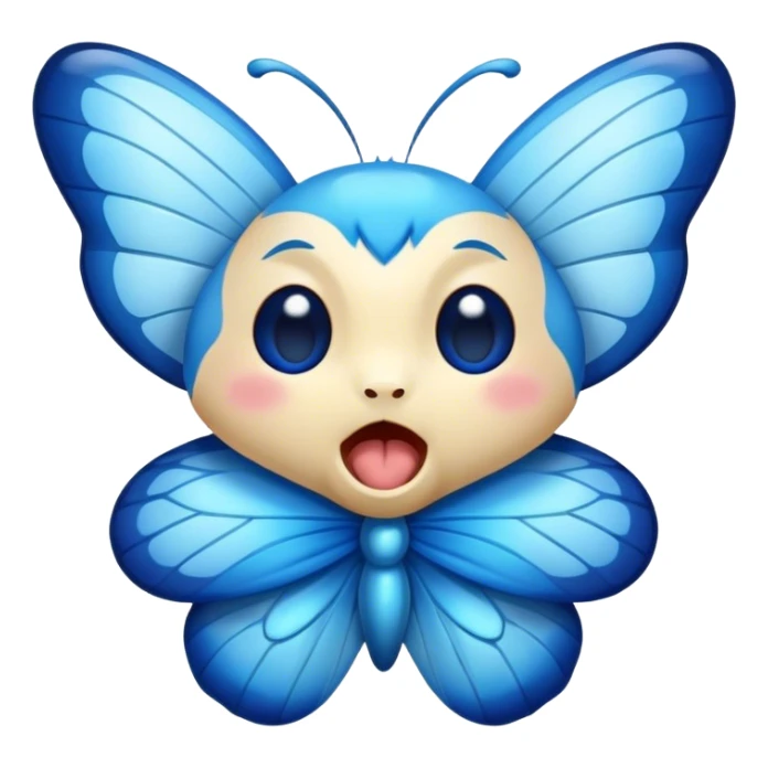 Cinematic Realistic Cute Yawning Blue Butterfly Portrait Emoji, Head tilted slightly with a dramatic, wide-open yawn, showcasing soft, downy sapphire wings with delicate, natural droop and half-closed, drowsy eyes rendered in exquisite detail, high shine, relaxed yet expressive, styled with a dash of subtle garden charm, soft glowing outline, capturing the essence of a sleepy yet affectionate blue butterfly that appears ready to rest its wings in quiet, enchanted slumber! sticker