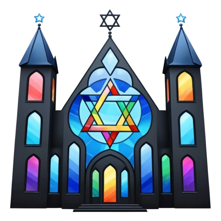 jewish synagogue temple in dark goth aesthetic style with black building and very light tint rainbow stained glass windows. and star of david and celestial symbolism sticker
