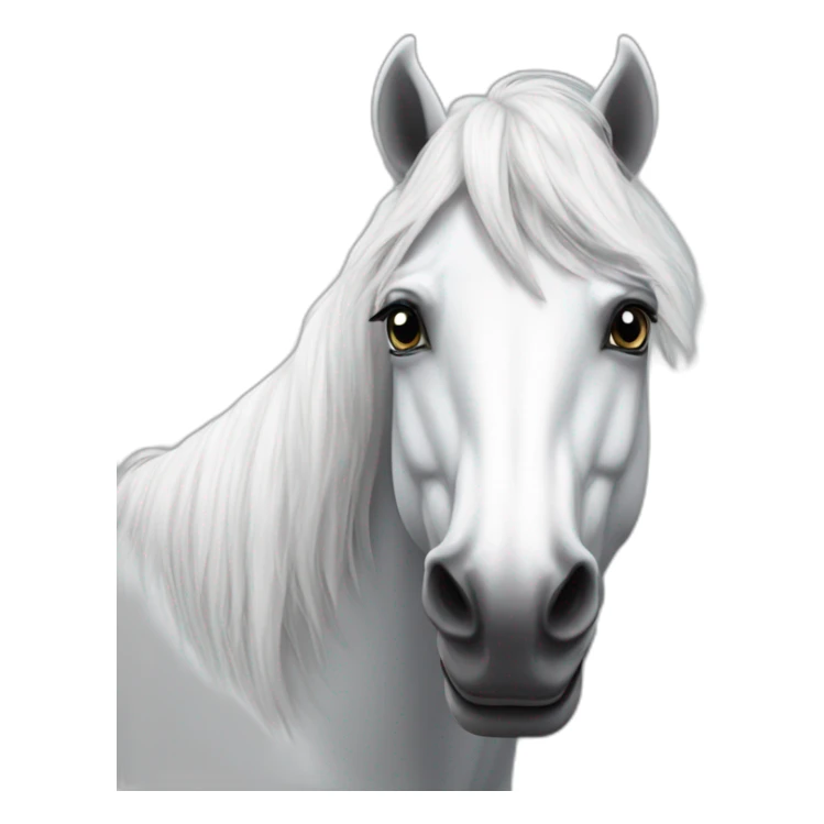 White stallion mustang wearing a grey key around the neck only necklace no mouth strap showing neck no lock sticker