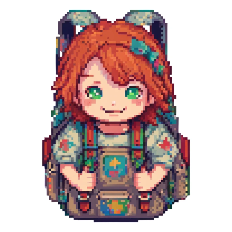 pixel art character with red hair, mischievous smile, small backpack sticker