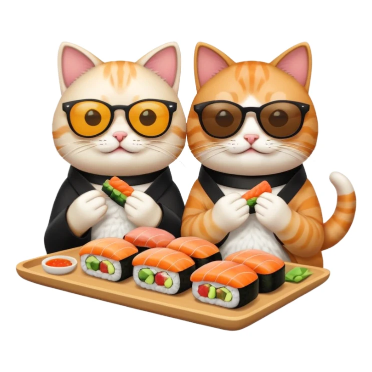two cats with shades, enjoying sushi, emoji style sticker
