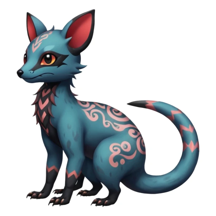 Rare warm-colored exotic cute epic aesthetic gothic colorful Salandit-Eevee-Civet-species-Fakemon-hybrid-creature, with intricate tattoo markings, full body sticker