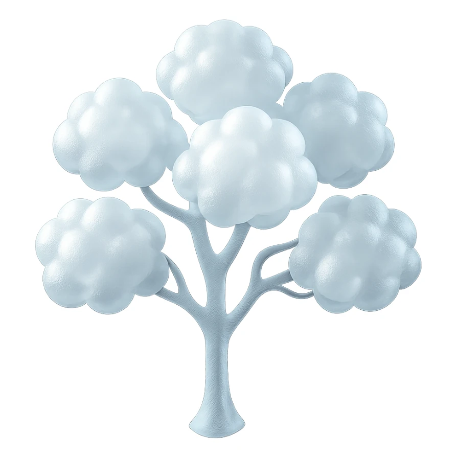 one tree with many branches and a white trunk, crown made of small very bright white fluffy convex clouds, matte glass style sticker