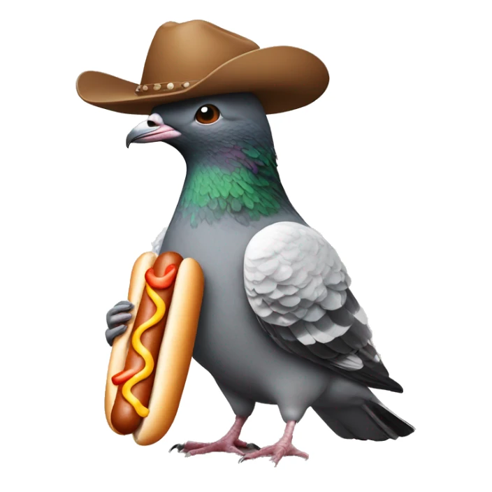a pigeon with human arms eating a hot dog  and wearing a cowboy hat  sticker
