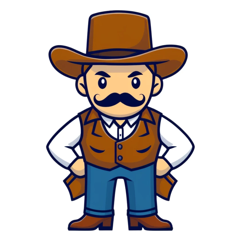 Dutch van der Linde from Red Dead Redemption, charismatic gang leader with mustache, wearing a vest and hat, wild west outlaw sticker