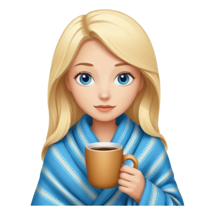 Blonde with blue eyes wrapped up in a cozy blanket with a hot coffee sticker