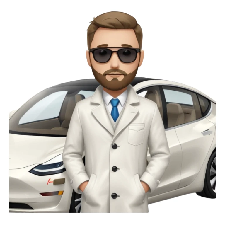 White tesla model 3 with one cool physician with dark blond hair, beard and dark sunglasses next to it sticker