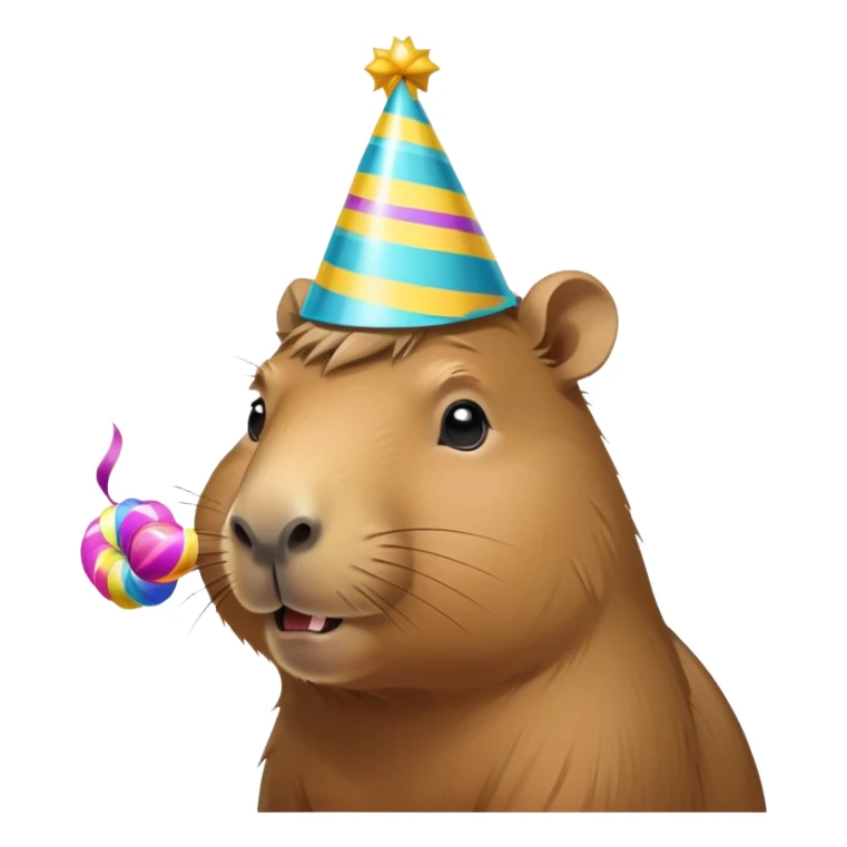Capybara wearing a party hat and blowing a streamer sticker