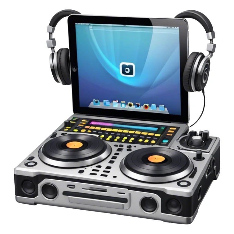 Create a professional and technical emoji that represents remixing music. The design should feature a high-end DJ controller, turntables with vinyl records, and a sound mixing console with faders to symbolize the technical aspects of remixing. Include elements like studio headphones and a laptop or digital audio workstation (DAW) screen to reflect the tools used in music production. Use colors like black, silver, and neon accents to convey the professional, high-tech nature of remixing. The background should be transparent. sticker