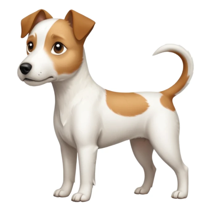 a full body white parson russell looking dog the size of a kelpie with light brown ears and a light brown patch on one eye and a large snout sticker