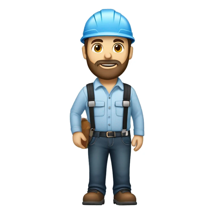 Mid white engineer wearing light blue blouse and black jeans and brown safety shoes and  white helmet and he has a slight black beard  sticker