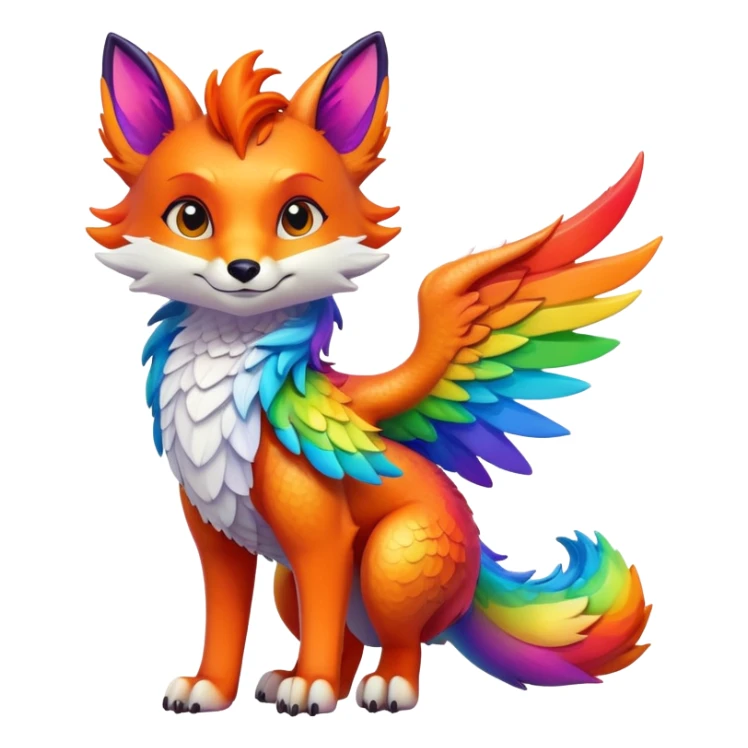 Cartoon Fox dragon hybrid with wings face front full body rainbow colored sticker