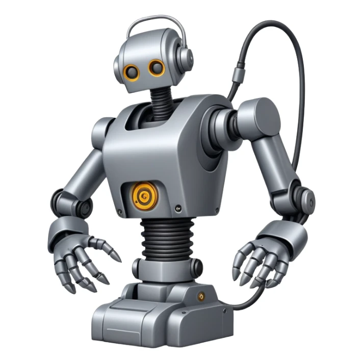 Industrial robot with exposed wiring and heavy metal plating sticker