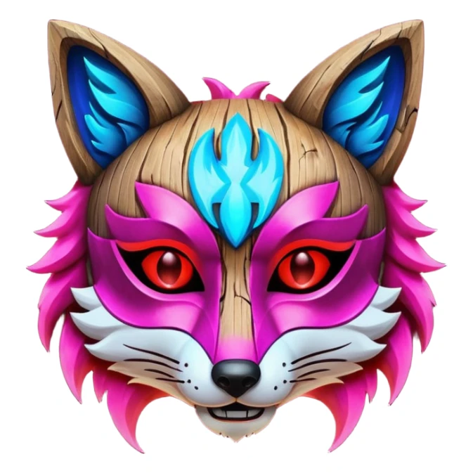 Ancient wooden mask, split in half, luminous and neon with red, blue and pink fox-like glow. sticker