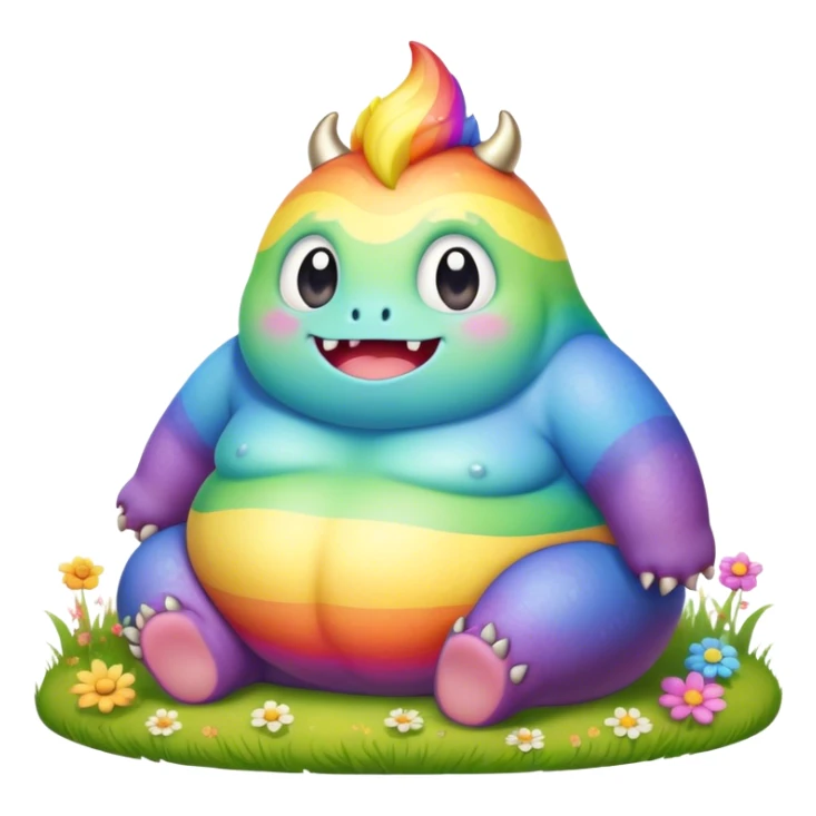 Kawaii derpy fat rainbow monster sitting in a magic field, rich textures, visually detailed, so lifelike that it feels like it could leap off the page at any moment sticker