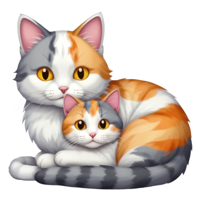 grey and white cat cuddling a colourful light patched calico + white tabby cat sticker