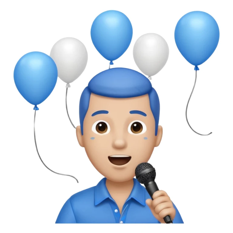 Stud singing 1,2,3 release em with white and blue balloons flying overhead emoji like with mic in hand  sticker