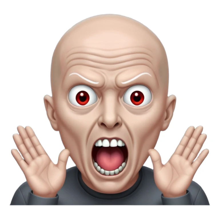 Rick Astley with bald grey head possessed by a demon because there is tons of fingers in front of his face and he has no pupils and his body and clothes are gray too and he has his mouth open and he only has 2 teeth and that is his middle lower teeth and the background is pitch black sticker