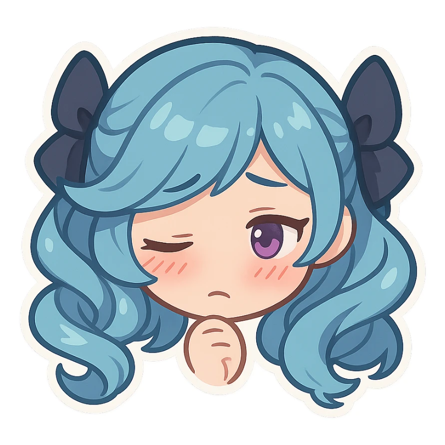 Gwen from League of Legends, chibi emote style, only head visible, right eye purple, shy expression, eyes averted, cute and expressive sticker