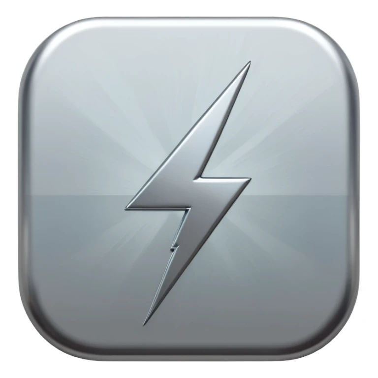 A lightning bolt emoji made of polished silver chrome, sharp yet rounded edges, glossy metallic surface, soft reflections, minimal futuristic design, iOS emoji style, centered, clean white background sticker