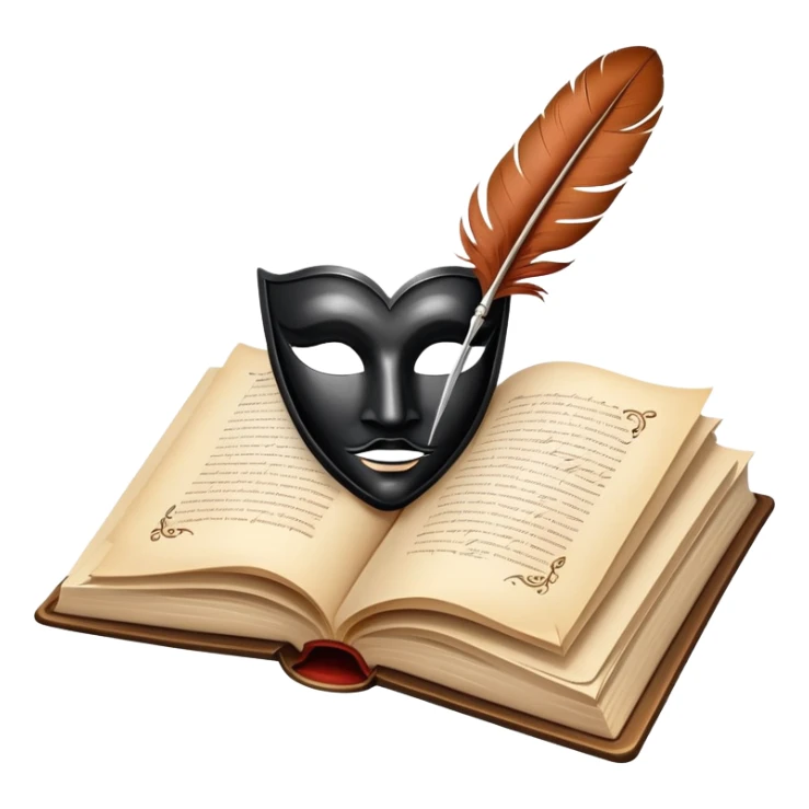 An icon featuring an open book with flowing pages, a feather quill, and classic literary symbols like a theater mask and inkwell. The design includes a subtle parchment background with faint text lines, symbolizing the study of literature. Transparent background emphasizes creativity and analysis. sticker