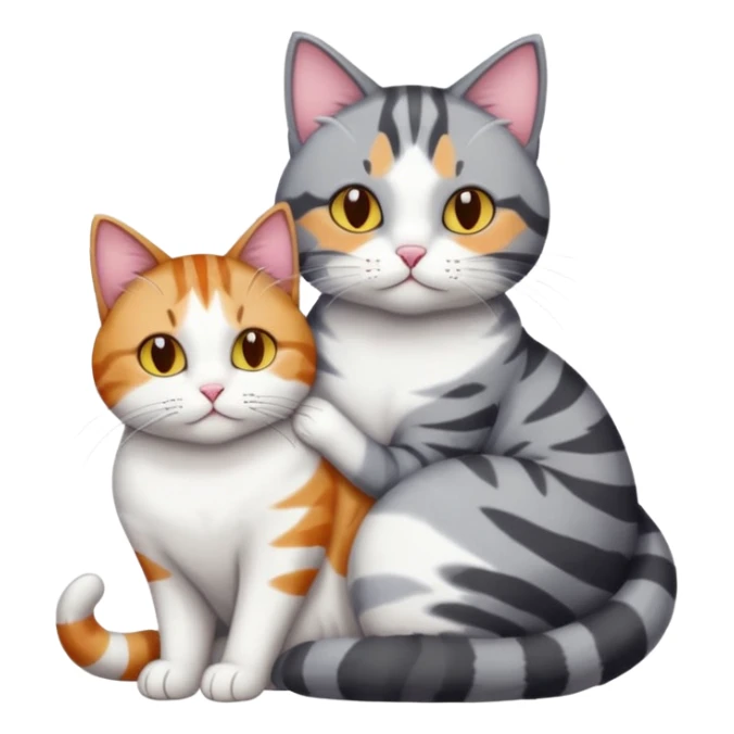 full body colourful light patched calico + white tabby cat cuddling a bigger cat that is dark grey and white tabby cat  and they are in love sticker