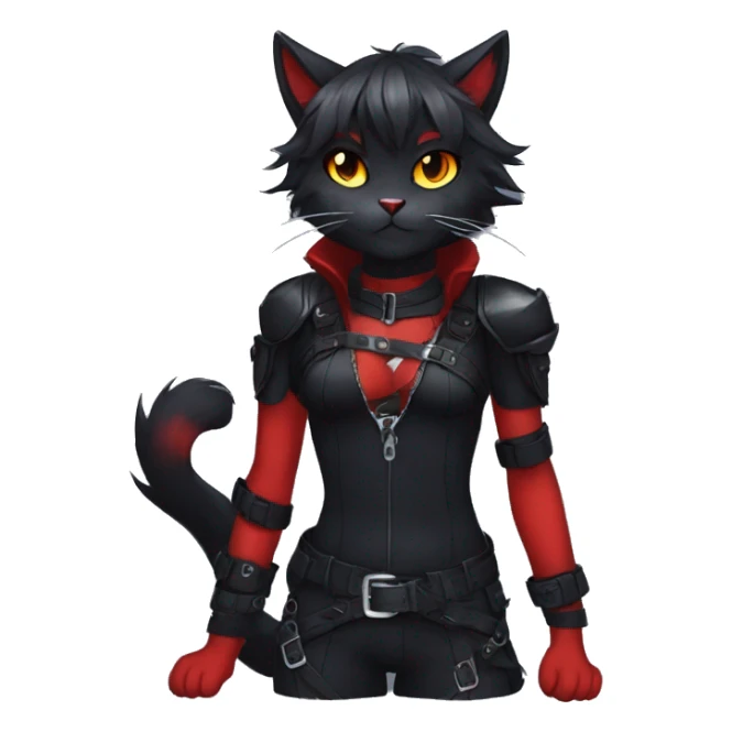 Anthro Edgy Cool Beautiful Black Cat-Fursona-Fakemon with Emo Hair-bangs with Red Streaks Chest Harness sticker