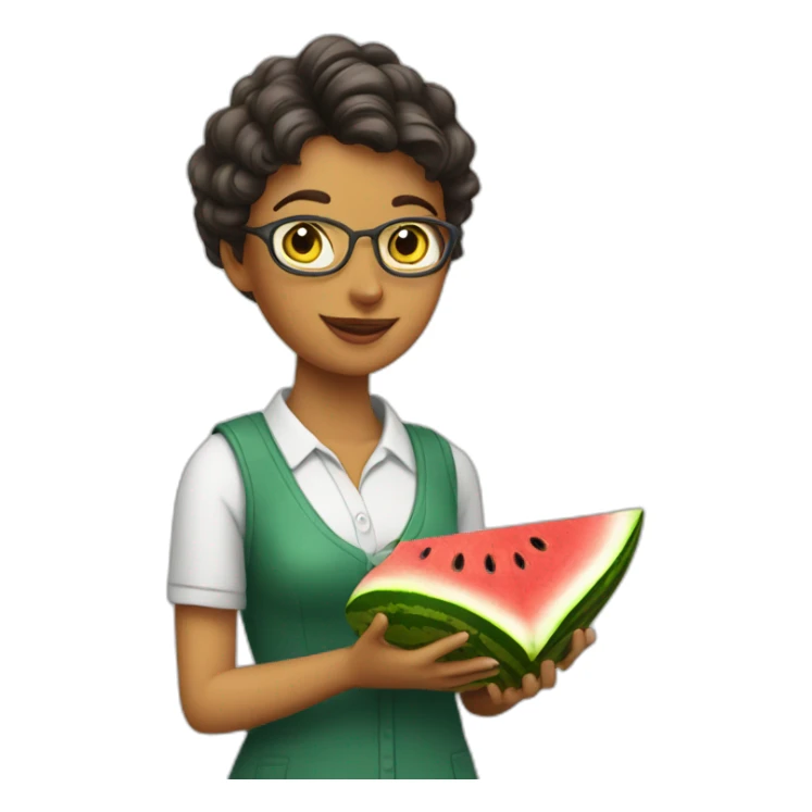 kat  teacher with a book and a watermelon sticker