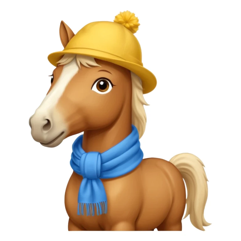 a fabulous funny winter horse in a yellow hat with a blue scarf sticker