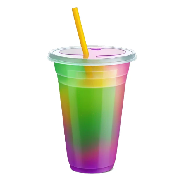 Realistic plastic domed lid cup with one colorful straw and juice with ice inside of the cup. sticker