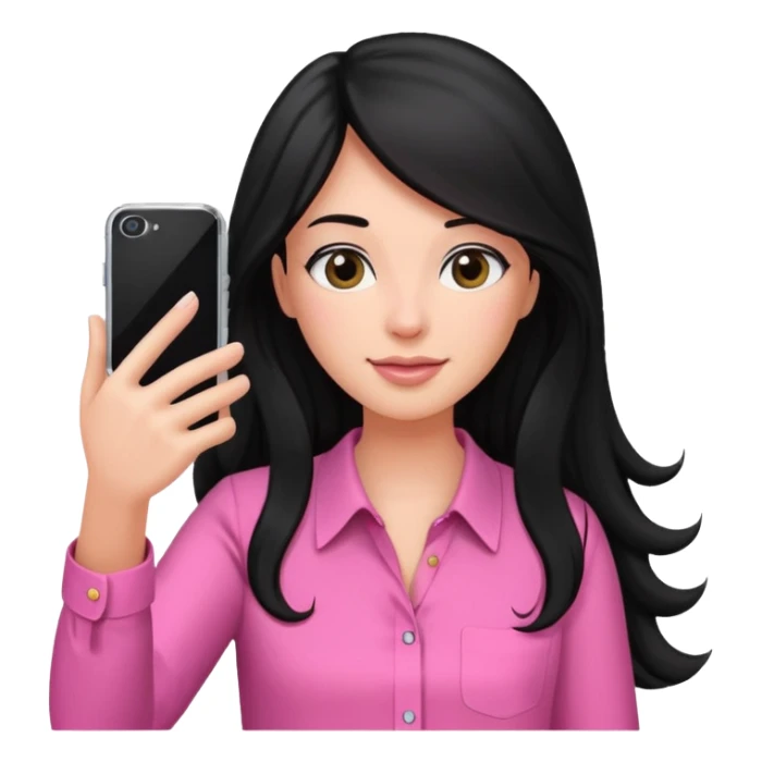black long haired woman with pink blouse holding her phone having selfie sticker
