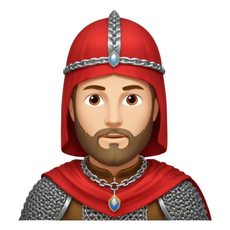 Russian prince Alexander Nevsky in chain mail and with red mantle and with Rus helmet and beard sticker