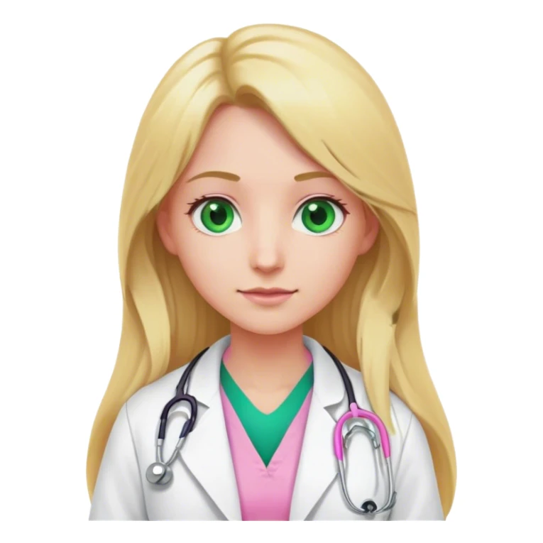Long blonde hair doctor in pink undershirt white coat over pink stethoscope and green eye sticker