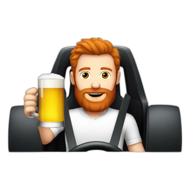 Man with a red beard drinking beer and driving a f1 car sticker