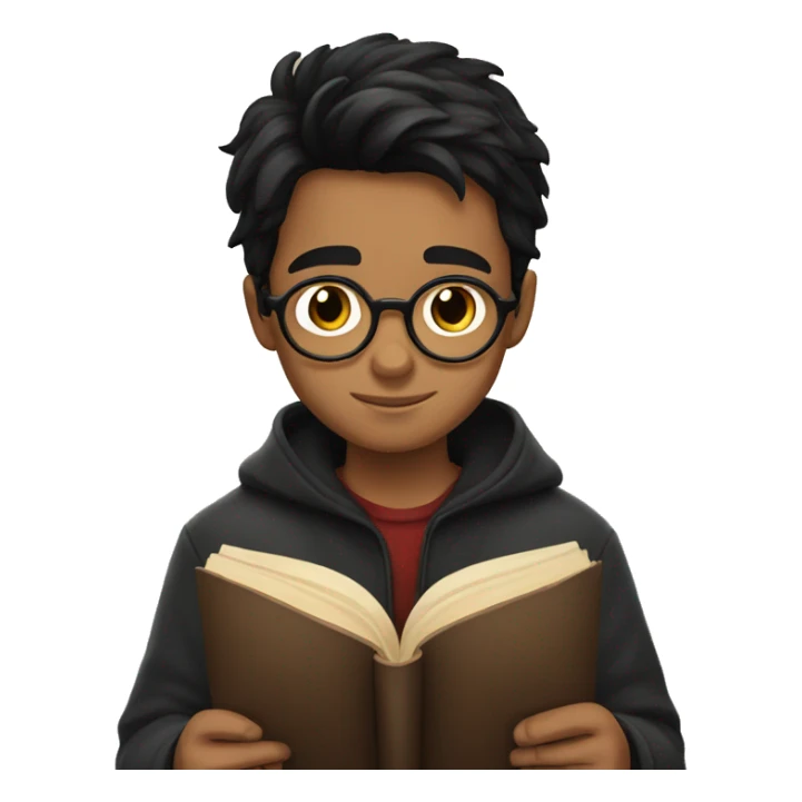 Boy with dark hair reading Harry potter sticker