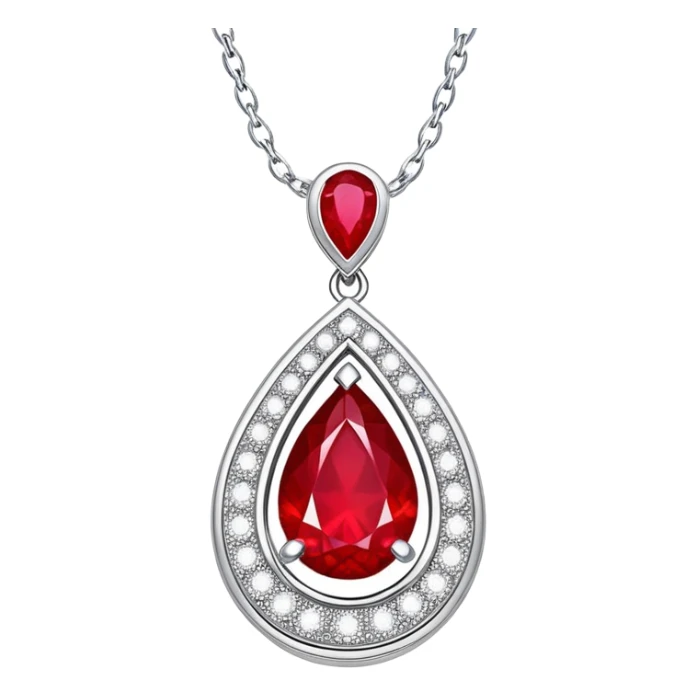 teardrop ruby pendant with a silver chain and shimmering white stones, glowing fiery red sticker