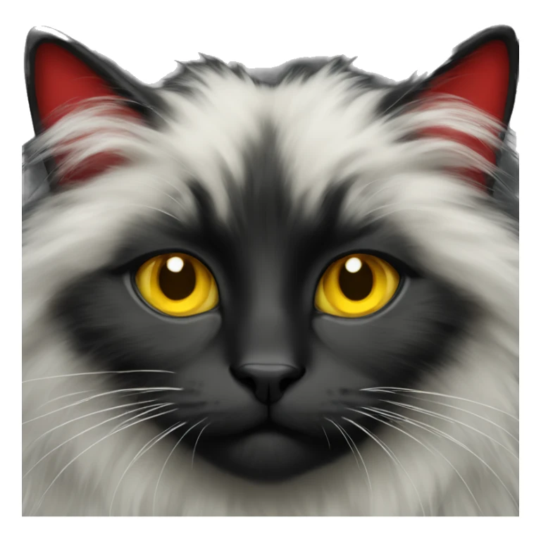 black, red, white fluffy cat with yellow eyes sticker