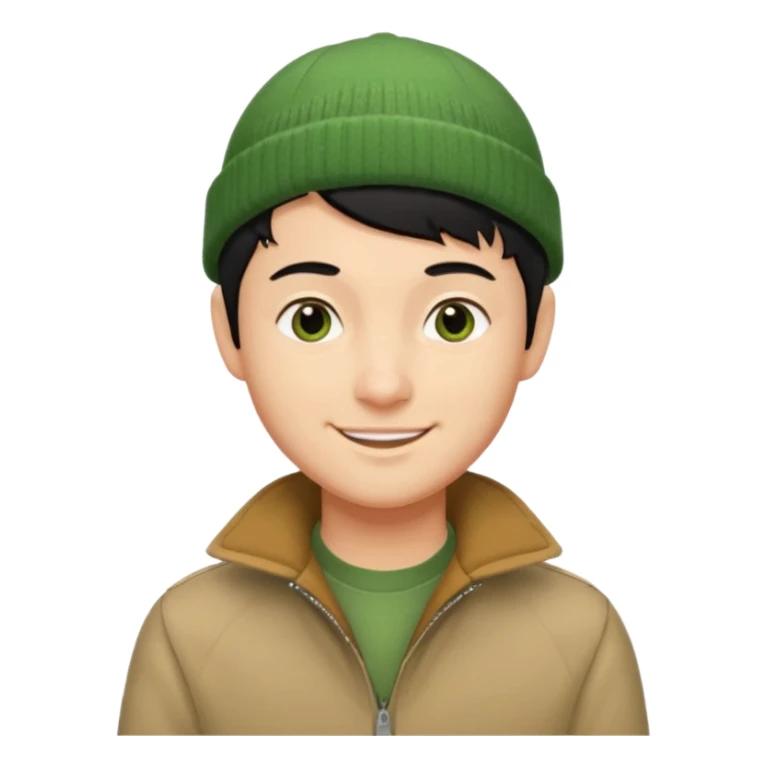 young man with longish pixie cut black hair, tan complexion, green beenie hat, tan jacket, pork chop sideburns sticker
