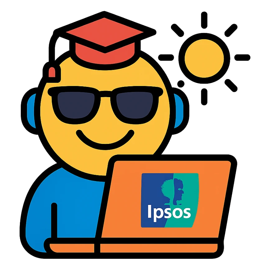 cheerful emoji of a student with a laptop wearing sunglasses, small Ipsos logo, summer sun, symbolizing summer internship in North America sticker