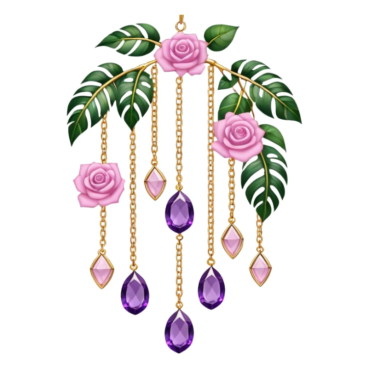Hanging suncatcher, gold chains with shiny sparkly amethyst and rose-quartz gemstones, roses, beautiful tropical leaves, gorgeous aesthetics sticker