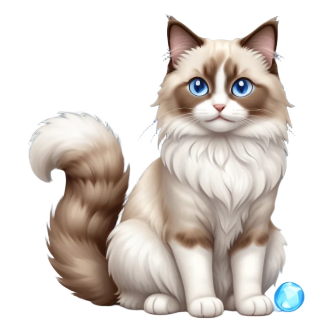 cinematic-[brown and white ragdoll cat]-realistic-full-body-sitting-emoji,-tail-curled-playfully-around-its-paws,-head-tilted-dramatically,-fluffy-[brown and white]-fur,-simplified-yet-realistic-focused-features,-highly-detailed,-glowing-with-an-almost-sarcastic-glow, with blue eyes sticker