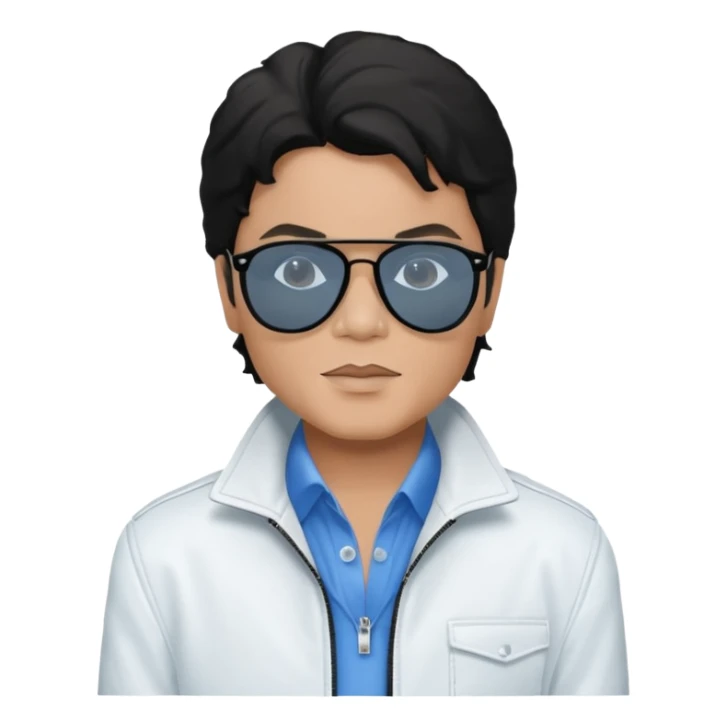 Michael Jackson is white, wearing completely black smokey Ray-Ban glasses, a white jacket, and a blue shirt. sticker