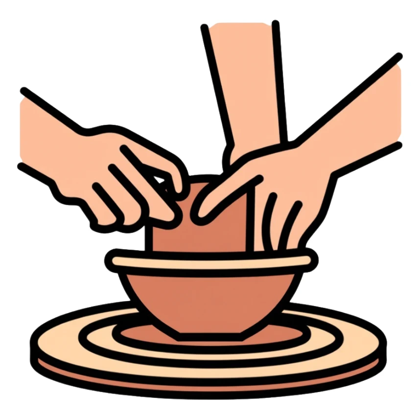 Two hands working on clay pottery, pinching and lifting clay on a pottery wheel, simple clean design with color outlines sticker