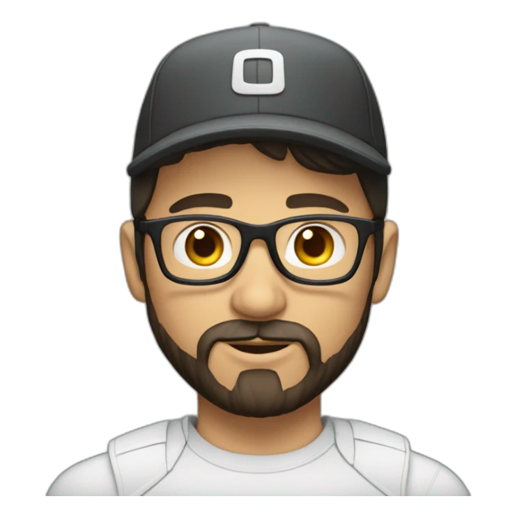 young dark-haired white man with a cap, glasses and beard sticker