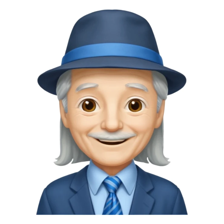 elderly long grey hair, wearing Blue Neckties and a Hat sticker
