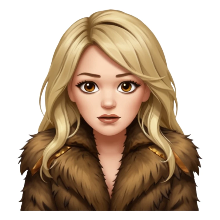 Cinematic realistic ultra HD angry, glamorous extremely made up Hilary Duff extremely long long hair in shaggy fur coat with bronze flash sticker