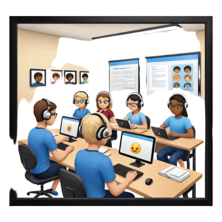 Birdseye view of large study space with students working separately add students wearing Vision Pro headsetd sticker