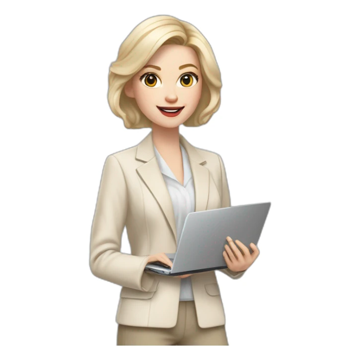 pale skin woman with ash blonde Straightened bob Hair, White Spacious classical jacket, beige palazzo Arrow pants and gray blouse holding a MacBook in the hands sticker