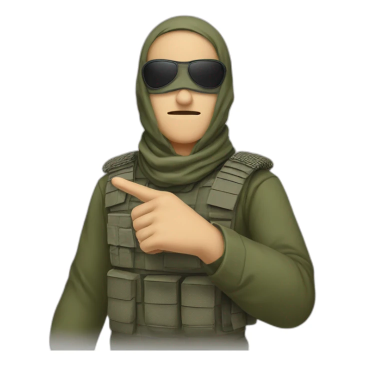 A person masked with shemagh and wearing military clothing and He points his index finger upward  sticker