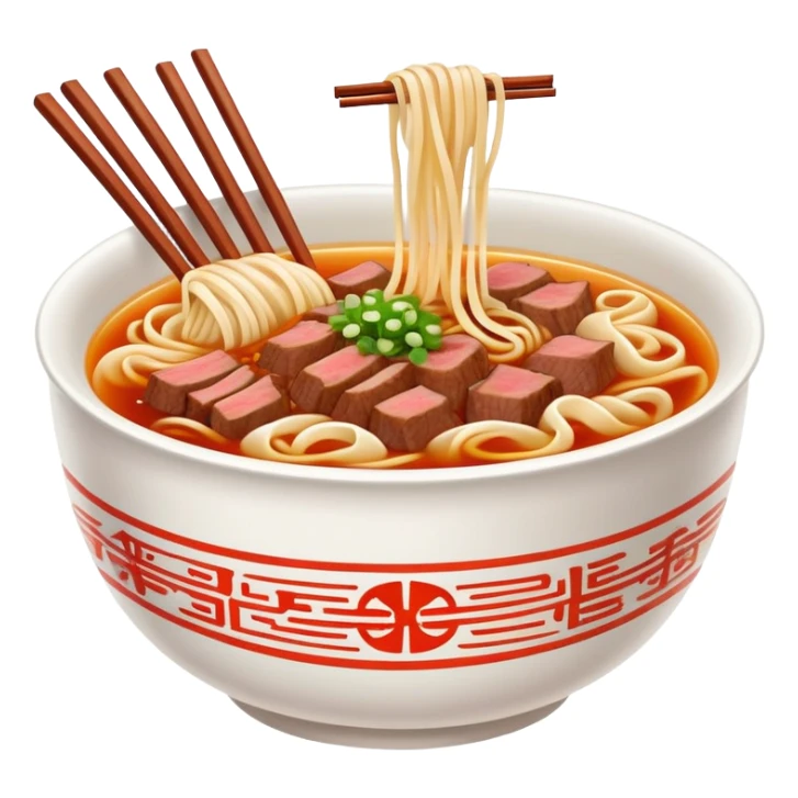 Lanzhou hand-pulled noodles with beef and broth, simplified emoji style with bold outlines and bright colors, cartoon style lamian in bowl sticker